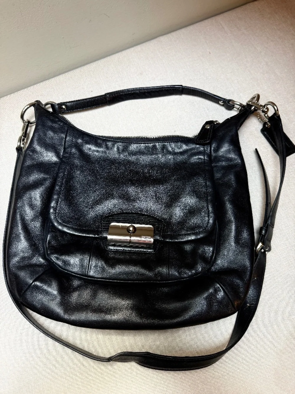Coach Kristin Black Leather Hobo Bag Purse Handbag With Silver Trim